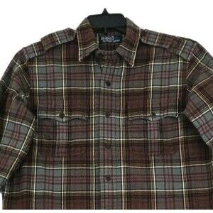 Polo Ralph Lauren Shirt Mens M Epaulet Military Green Red Tartan Plaid Flannel